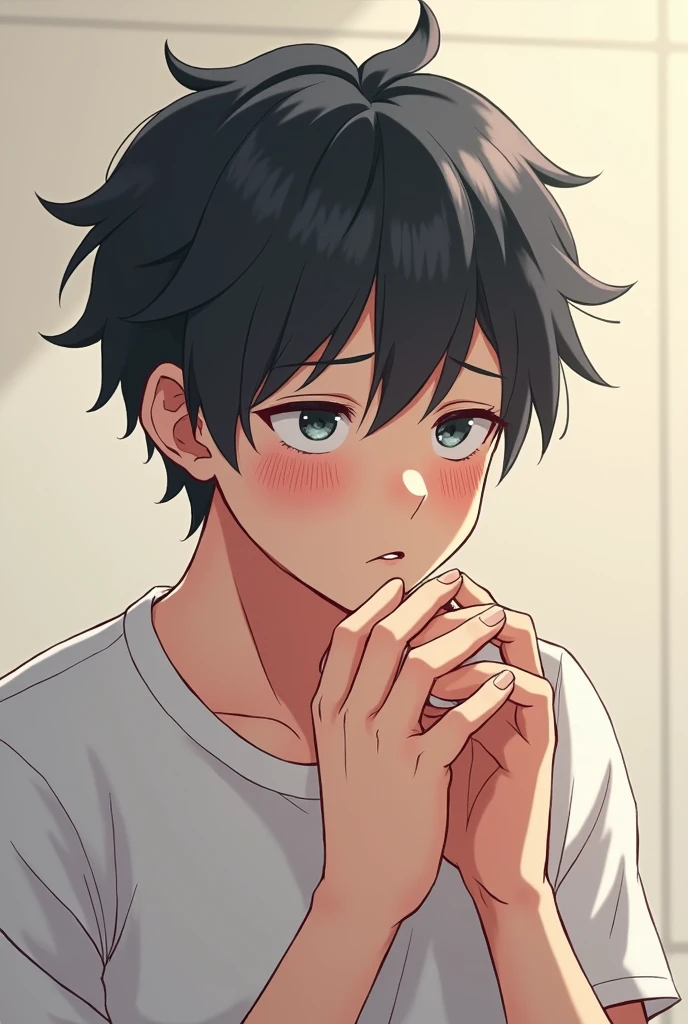 a male anime character with medium long hair with a feeling of shame