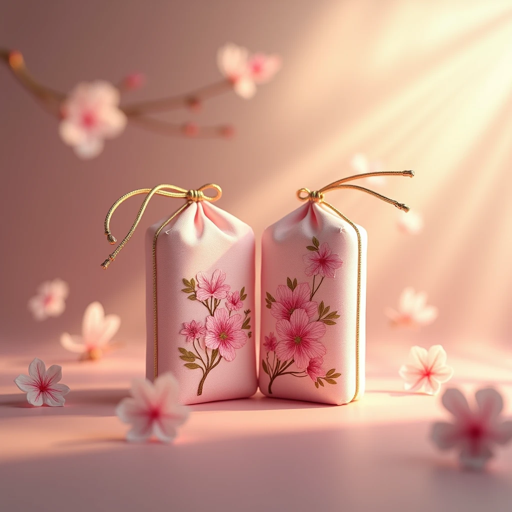 伝統的な日本の恋愛のAmulets(Amulets)。Small rectangular shape、Made from soft, silky pale pink fabric.。Amuletsには、The cherry blossom, a symbol of love and beauty, is intricately embroidered.。The top is tied with a delicate gold cord.、Amulets全体がやさしい温かい光に包まれ、It creates a calm and inviting atmosphere。The background is soft focus、A soft glow spreads、It creates a calm atmosphere.。