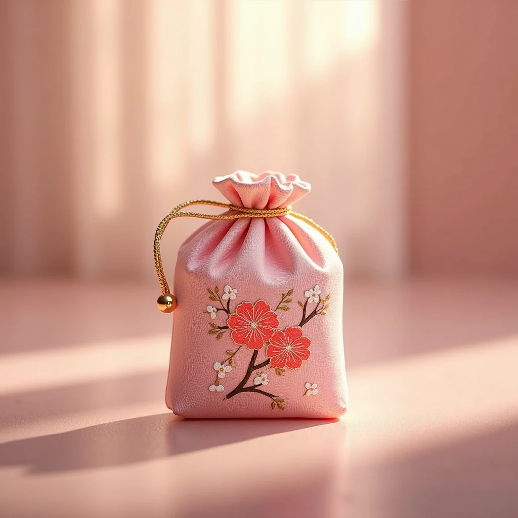 伝統的な日本の恋愛のAmulets(Amulets)。Small rectangular shape、Made from soft, silky pale pink fabric.。Amuletsには、The cherry blossom, a symbol of love and beauty, is intricately embroidered.。The top is tied with a delicate gold cord.、Amulets全体がやさしい温かい光に包まれ、It creates a calm and inviting atmosphere。The background is soft focus、A soft glow spreads、It creates a calm atmosphere.。