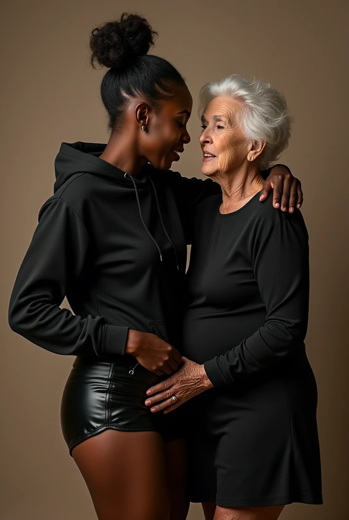 black woman hair in a bun black hoodie black leather short shorts being fucked in the ass by a old grandma in a dress