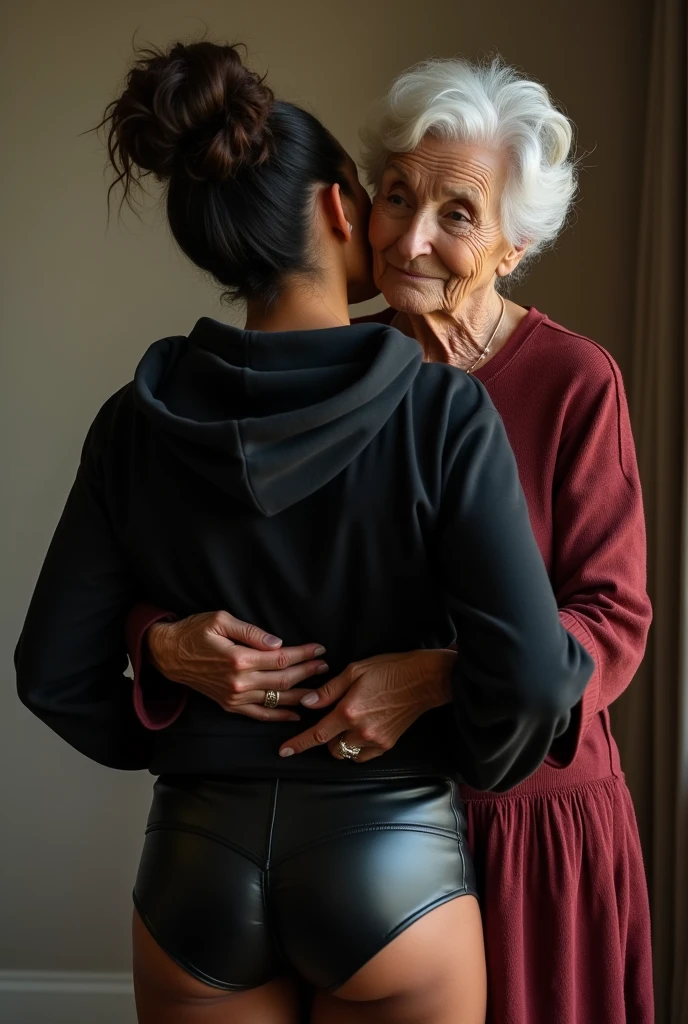 black woman hair in a bun black hoodie black leather short shorts being fucked in the ass by a old grandma in a dress
