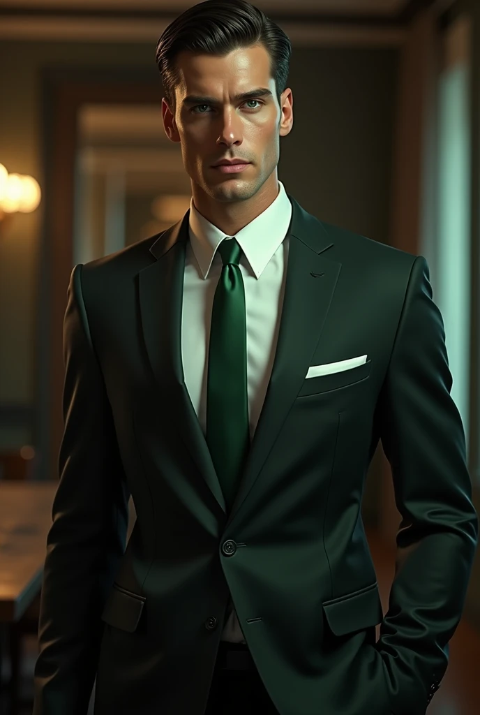 Man in suit with slicked back black hair and green eyes