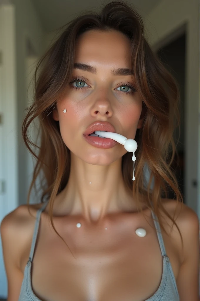 Woman with big tits with a penis in her mouth and milk on her body
