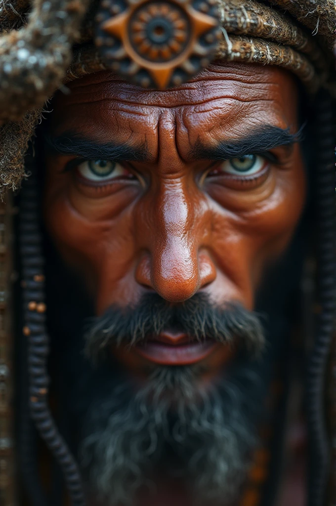 close up of a shaman in trance, eyes locked, to the sound of drums. Horizontal for video