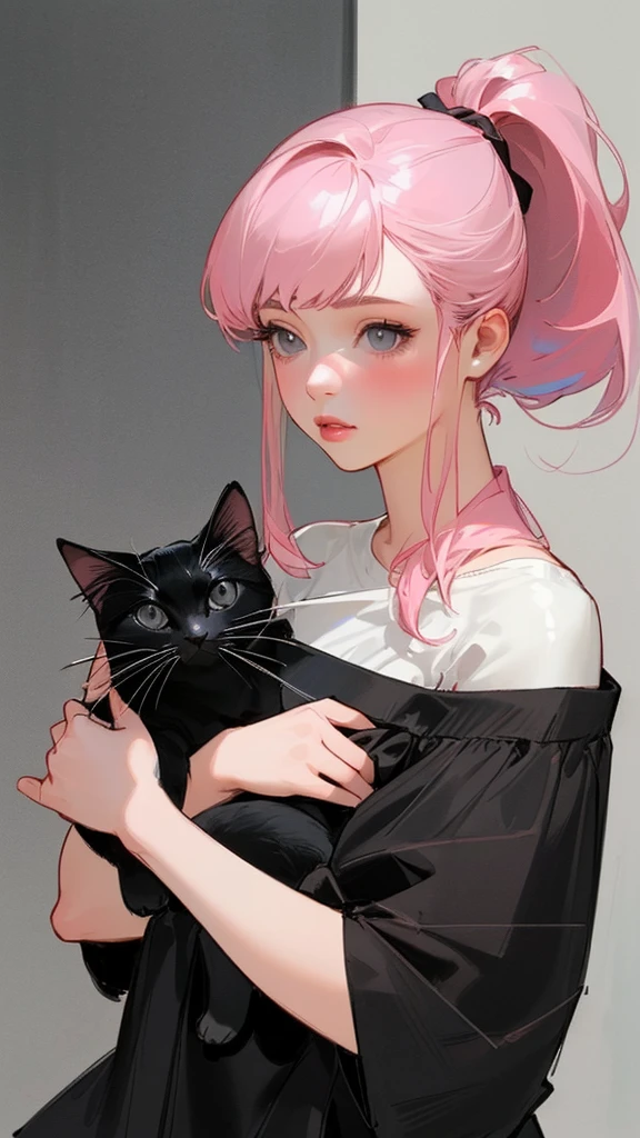 (masterpiece), (Highest quality), (Very detailed), Realistic, (Best illustrations), (Very delicate and beautiful),Girl with pale pink hair, High Ponytail, Grey Eyes, Black Shirt, Off the shoulder, Holding a black stuffed cat, White Phone