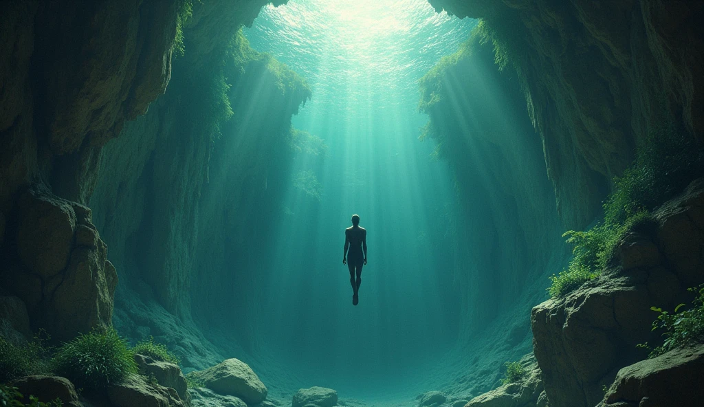 A person diving into a bottomless well of wisdom, discovering new truths at each level