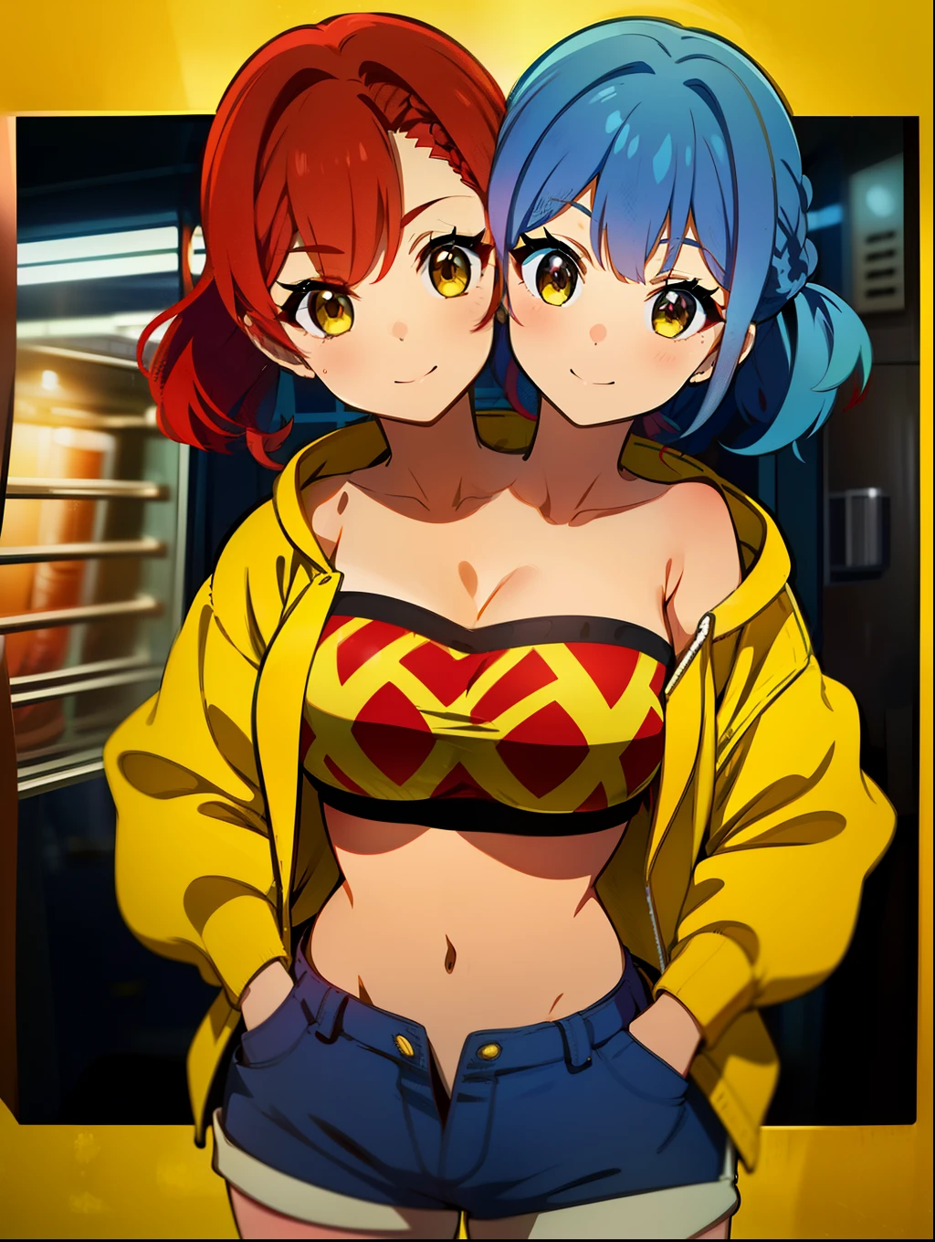 (masterpiece),(ultra-detailed), (high quality), (high resolution), (best quality:1.5, highres, UHD), highres, absurdo, ultra detail, ultra quality, Ultra resolution, 16k, 1girl, (2heads:1.5), girl with two heads, ((violet tube top)) ((red hair:1.5)), ((blue hair:1.5)), ((different hair colors:1.5)), (shorts with extra pockets), casual outfit with yellow patterns, ((long ponytails)) ((different hairstyles)), different haircuts, golden yellow eyes,, gentle smile