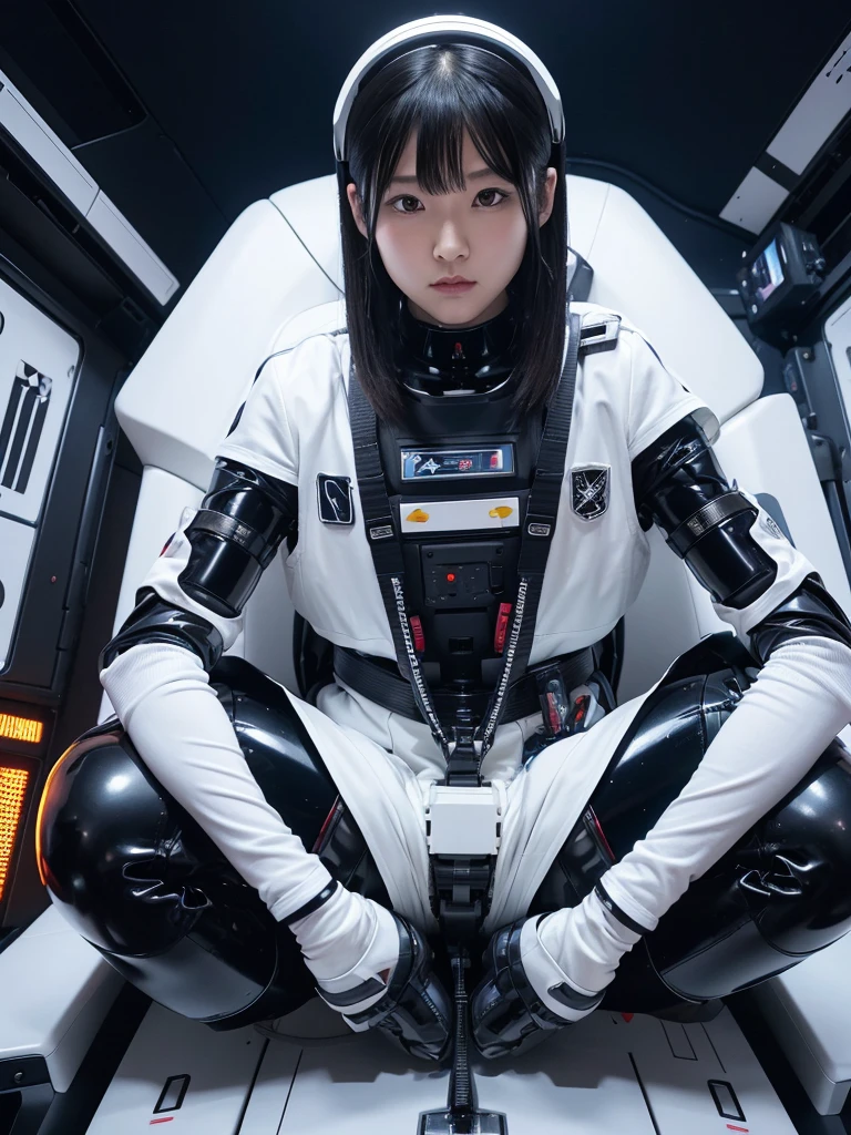 Japanese female android,Black Hair,He is securely fastened to his cockpit seat in a spacecraft by a thick harness.,Chubby,Spread your legs,Squat,Shiny white robot suit,Robotic arms and legs,Surrounded by switches and monitors,