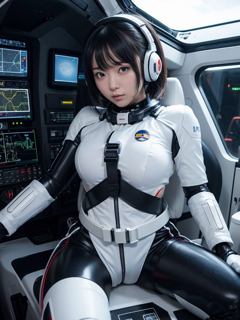 Japanese female android,Black Hair,He is securely fastened to his cockpit seat in a spacecraft by a thick harness.,Chubby,Spread your legs,Squat,Shiny white robot suit,Robotic arms and legs,Surrounded by switches and monitors,