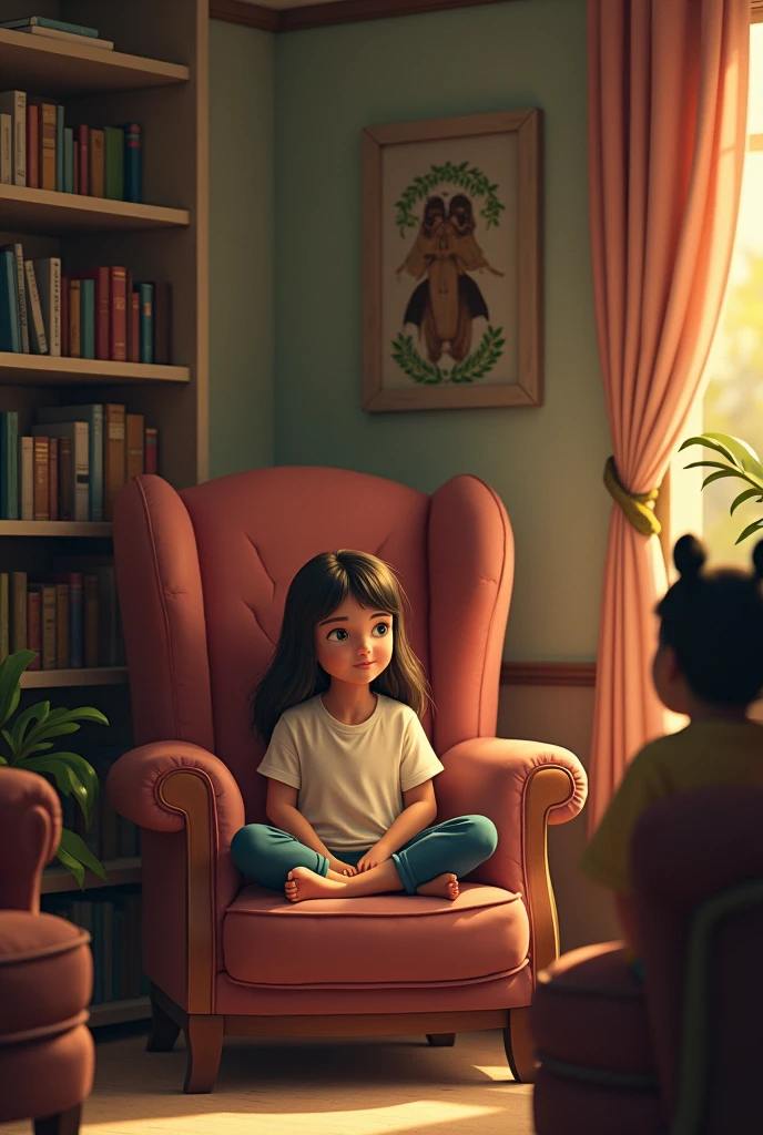 Girl in a room listening to the pictures with people talking to her