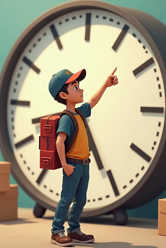 One delivery teen boy pointing in clock in bg