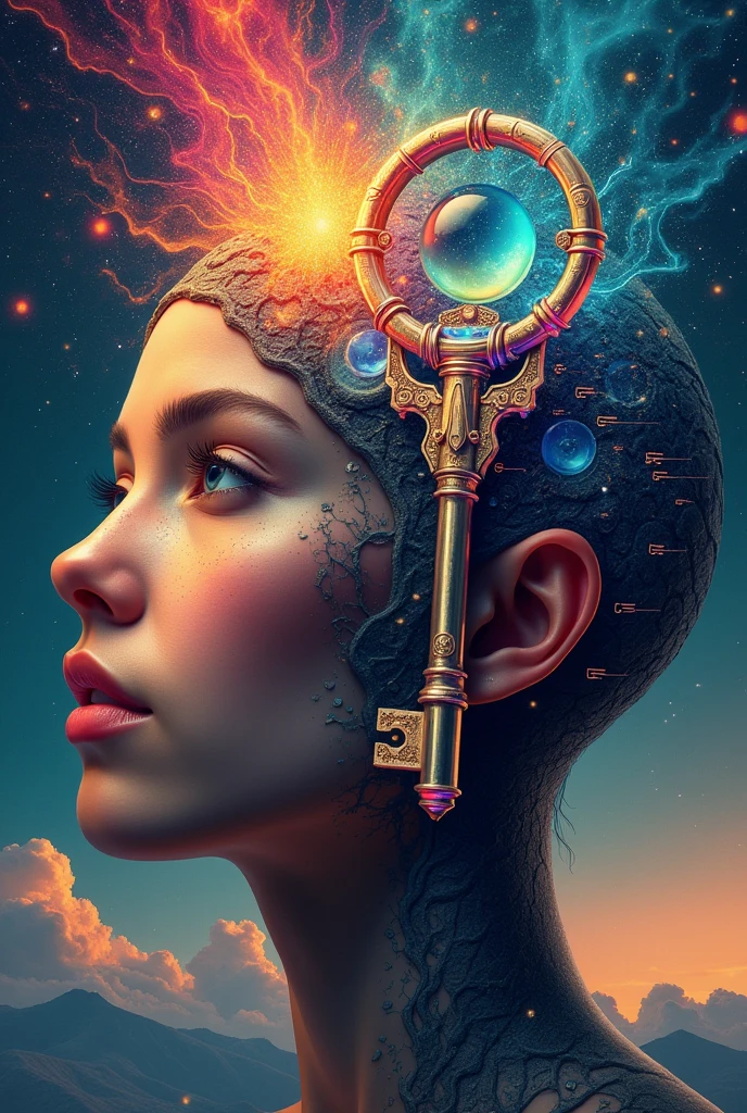 Human head ,mind being opened , by futuristic key , key to knowledge , curiosity key , with vibrant colors , bright coloured , com tons de vermelho , brain explosion , unlimited key , information brain , psyshedelic , human skin tones , background with horizon ,futuro  -variation -