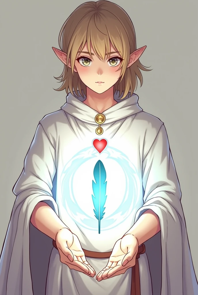 a young half-elf man with delicate, feminine features and shoulder-length light brown hair.
 
wearing white medieval clothing with a symbol of a light blue feather over a red heart drawn on the clothes at chest height.

 emitting light from the hands to form a shield against attackers in the style of a medieval anime drawing
