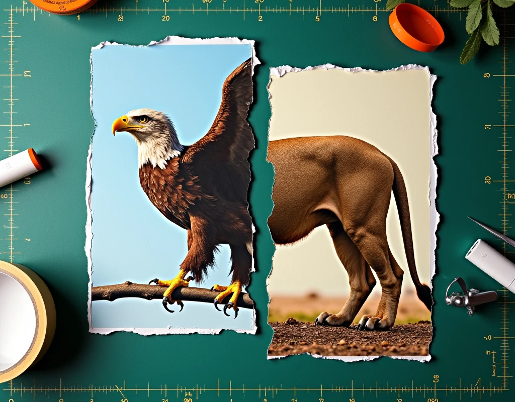 2 flat tear papers from magazine are put on the big green cutting mat. (First flat Tear paper is torn around the photo of eagle with only head claws and spread wings on side view on sky background), (second flat tear paper is torn around the photo of lion hip, back legs and tail on side view on safari background), two papers are put on side by side, perspective view, (glue stick, tape, cutter on the mat)