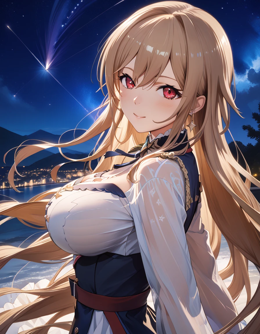 (masterpiece),(Highest quality),(Very detailed),(Best illustrations),(Best Shadow),(Absurd),(Detailed Background),(so beautiful), 4K, 8k,

anime style,

frnel, very long hair, blonde  hair, brown hair, bangs, red eyes, hair between eyes, large breasts, 

Detailed eyes,
heart,
blush,
(smile:0.5),

late night,
Stars, Shooting star,
Night view,
from side,
cowboy shot,
realistic background,
Background Blur,