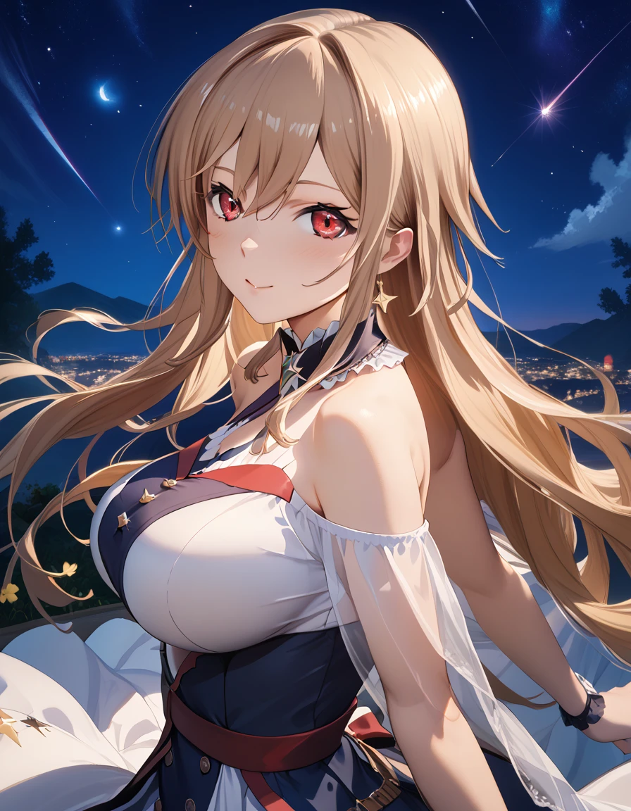 (masterpiece),(Highest quality),(Very detailed),(Best illustrations),(Best Shadow),(Absurd),(Detailed Background),(so beautiful), 4K, 8k,

anime style,

frnel, very long hair, blonde  hair, brown hair, bangs, red eyes, hair between eyes, large breasts, 

Detailed eyes,
heart,
blush,
(smile:0.5),

late night,
Stars, Shooting star,
Night view,
from side,
cowboy shot,
realistic background,
Background Blur,