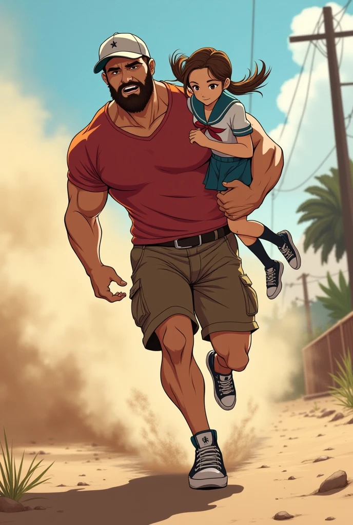 Muscular man wearing a shirt with long shorts Long loose shorts With pockets on the sides with converse sneakers red T-shirt and brown shorts Long short, Normal musculature With beard and baseball cap Realistic musculature. Carrying in his arms Short petite adult woman with long pigtails and school uniform Sailor uniform with short skirt While running very fast kicking up dust anime style