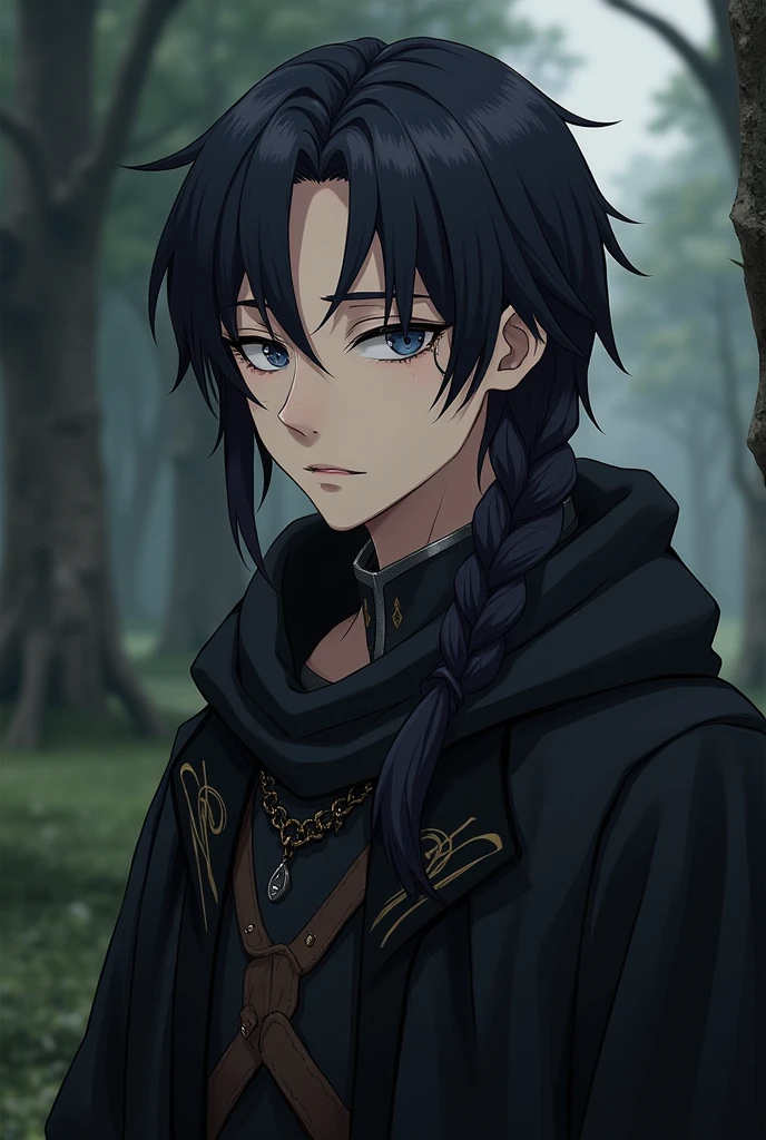 Fantasy Character. adult man, shoulder length black hair with a braid on the left side and black right eye and white left eye, fair skin with dark circles under the eyes, a lazy, sleepy expression. Medieval era anime style. Wearing an old black cloak.