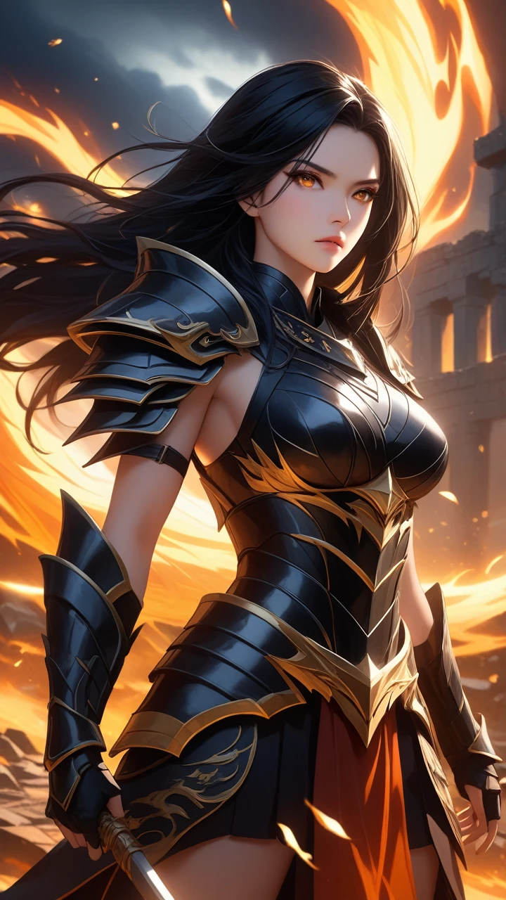 (((masterpiece, best quality, 8k))), female warrior, (full-body), obsidian dragon armor, ethereal glow, long flowing black hair, strands adorned with silver beads, piercing golden eyes, determined expression, standing atop a shattered battlefield, flames and shadows swirling around her, dragons circling in the stormy night sky, ancient ruins in the background, radiating power, (dramatic lighting, dynamic shadows)