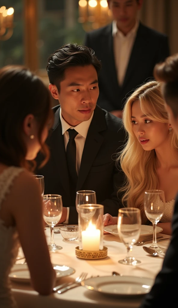 Asian man 3 at a dinner table with several people looking with desire at an Asian woman 30 years old long blonde hair