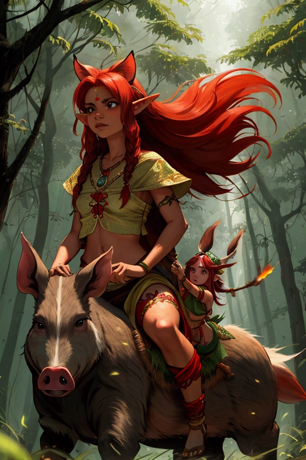 an aggressive red-haired Brazilian girl, dressed as an Indian, elf ears and riding a Brazilian wild pig with tusks wandering through a misty enchanted forest with light grass and fireflies
