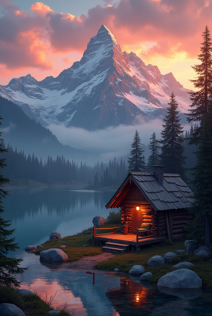 Mountain sunset with a wooden cabin