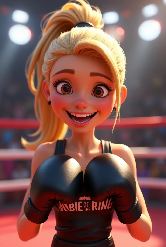 Blonde girl with her hair tied in a high ponytail, round, slightly almond-shaped brown eyes, snub nose, rosy cheeks and slightly full lips, is wearing black boxing gloves and a tank top that says " BARBIE OF THE RING" is smiling and excited in the fighting ring, animation comes to life with Pixar 3D magic