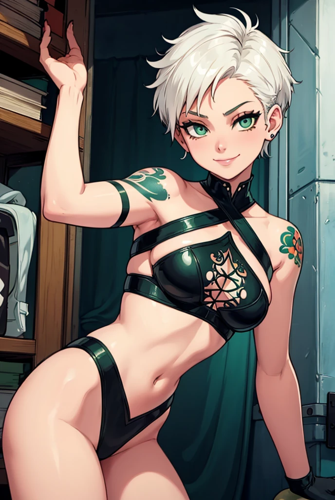 A girl with short white hair with green eyes and who is smiling and with tattoos and wearing submissive clothes