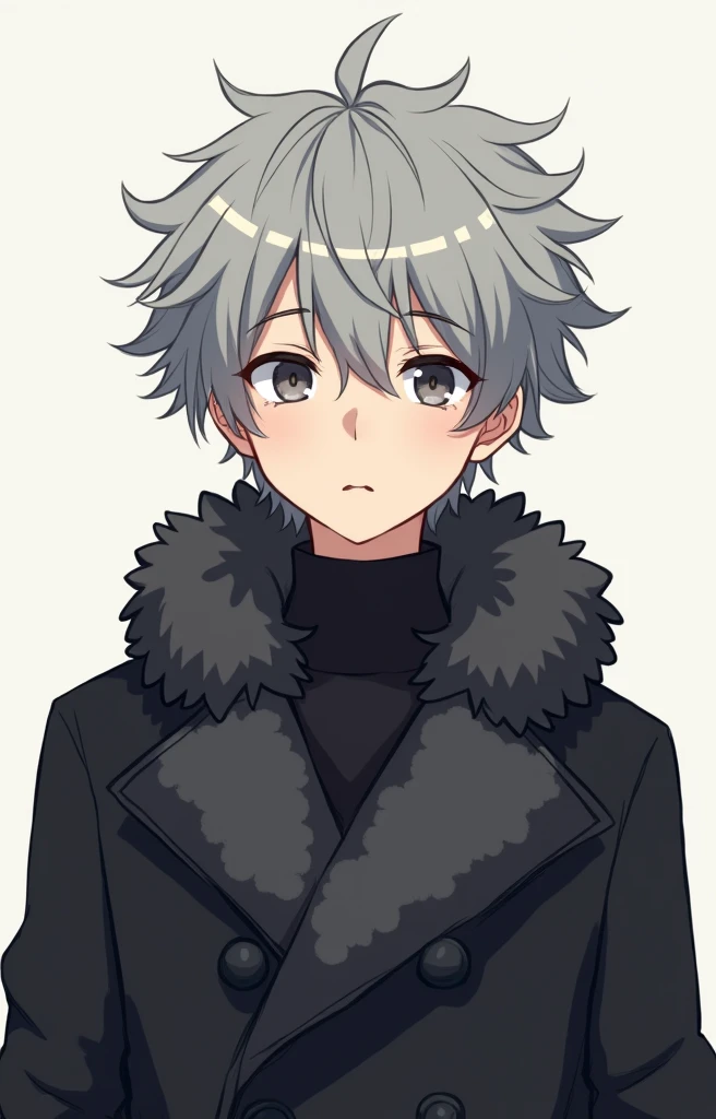 Age 18, Japanese male, gray fluffy hair, black coat containing gray fluff, height 165cm