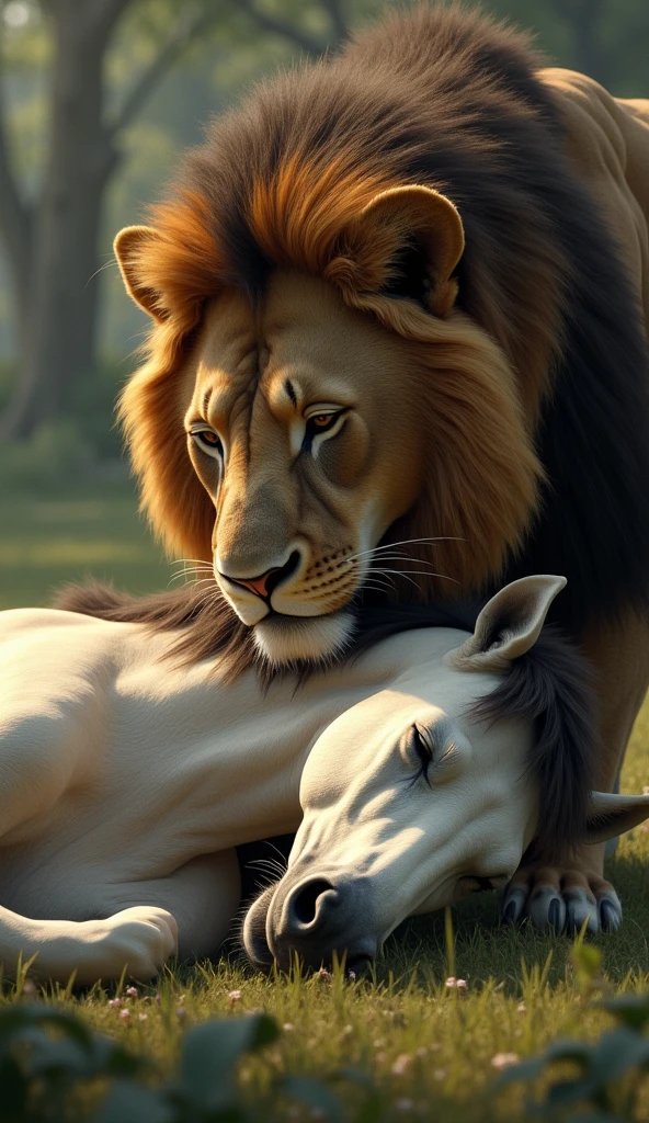 A horse is sleeping, and a lion is stepping on it.