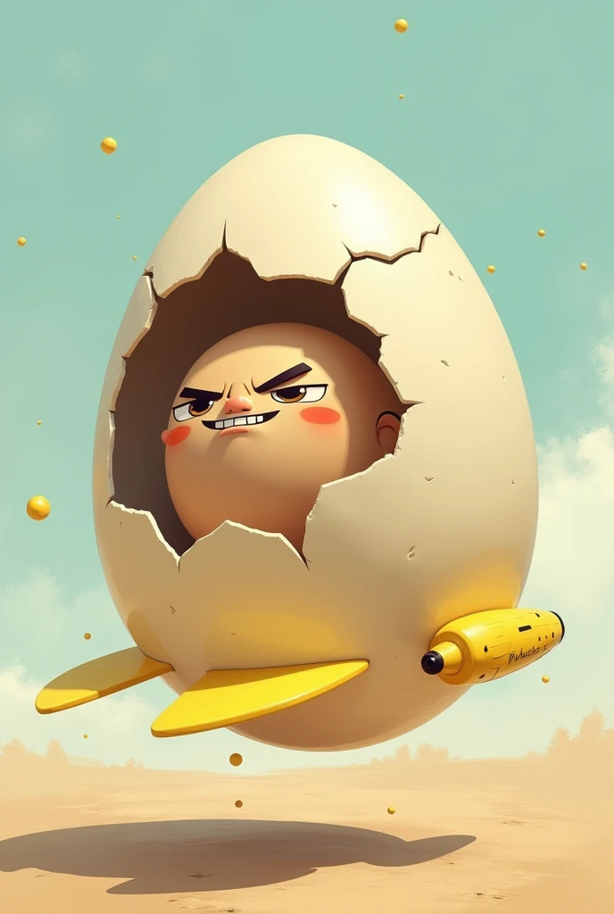 A man who resembles Pou, inside an eggshell with only his head sticking out, mocking Sonic for not having his own banana plane