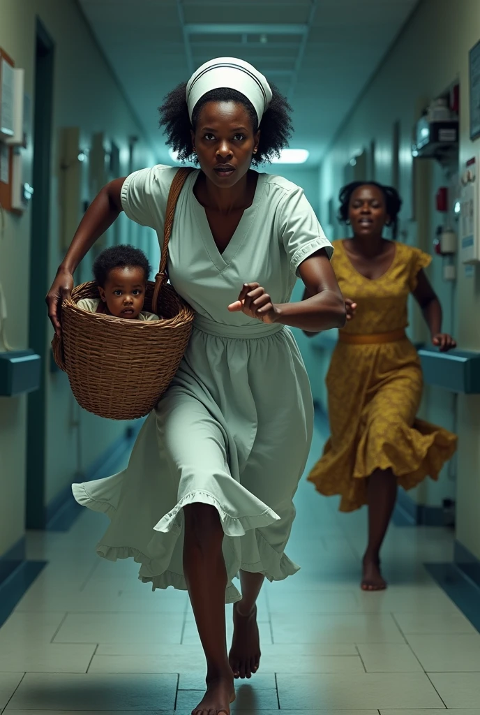 Generate image of African an igbo nurse running away with a child in a basket at the hospital corridor and an igbo lady chasing after her scream for her help 