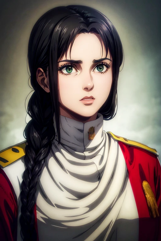 1 woman aged 35, long black hair, greeneyes, necklace on the neck, White military uniform, marley, liberia, Masterpiece artwork, best qualityer, retina, super detaill,