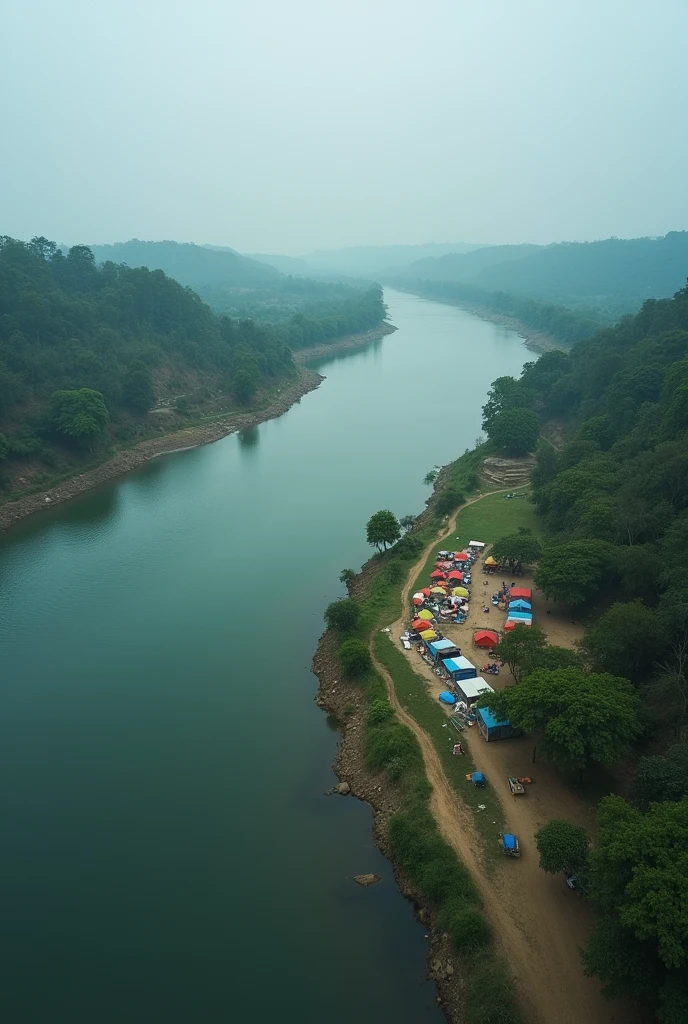 Jamuna river of Bangladesh is extremely huge in width. The word "Jamuna" is written in English . Drone shots and in its bank 10 tents