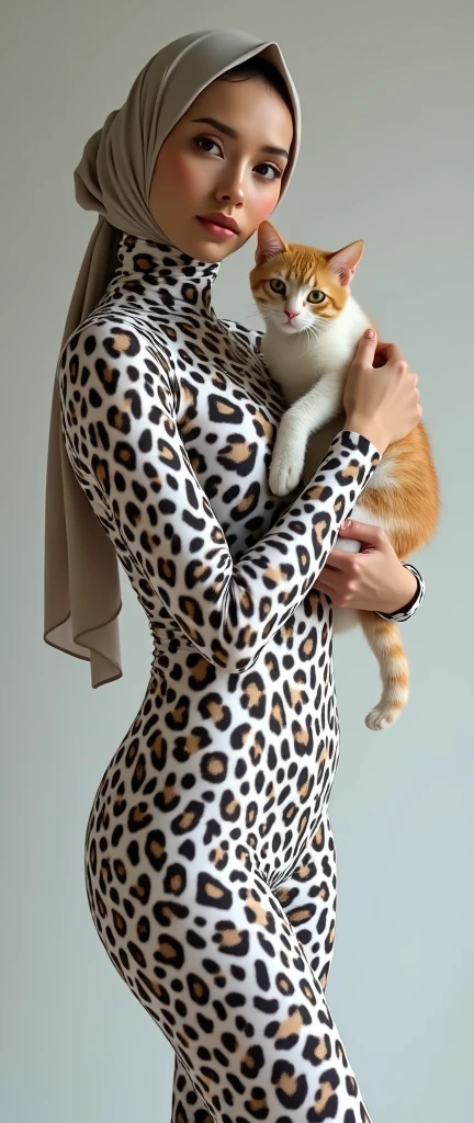 The most beautiful,thin,most pretty and clever Asian muslimah adult girl wears white leopard print lycra turtleneck unitard catsuit.She always wear white leopard print lycra dancewear stretchy square hijab.She stands and hugs a cute little cat.