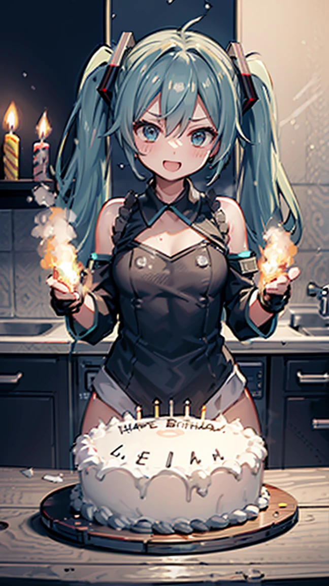 (((Celebrate a birthday_raid_battle, Birthday warship_cake_sink))), fire, Candle, Birthday girl,whole body, happy, Excited,BREAK, Barrage, (((Warship Sinking))),battle ship,sinking, Naval battles, Black smoke, Navy, Big Trouble, Raid, attacked, BREAK,hatsune miku, Anniversary