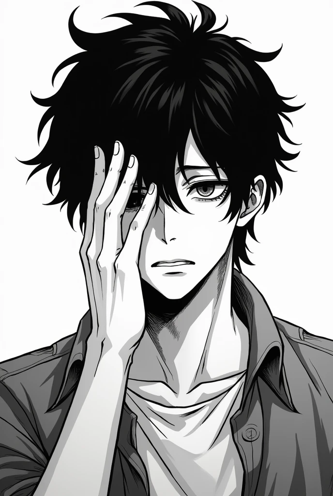 a male manga character with medium long hair with a feeling of shame in black and white with a hand on his eye trying to hide the shame