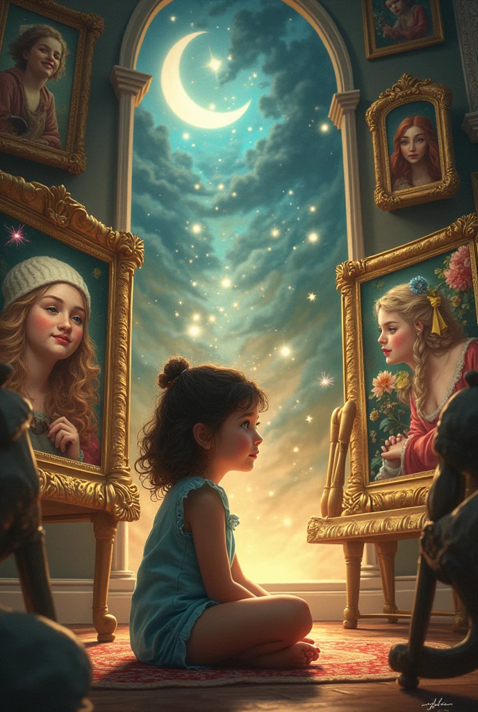 Girl in a room listening to the people in the paintings talking to her