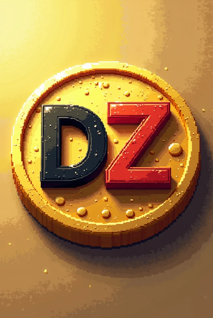 A gold coin with the capital letters DZ in black and red in pixel art form