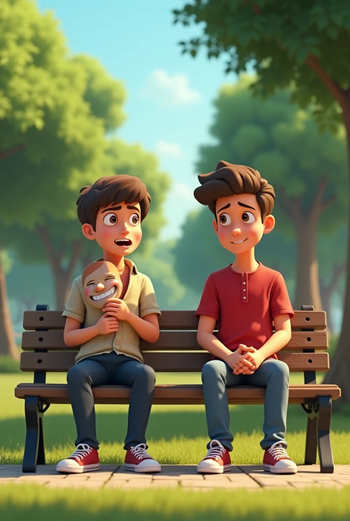 Animation Two friends sitting on a park bench. One of them holds a smiling mask that is falling from his face., revealing an expression of envy or disdain underneath. The other friend looks forward, oblivious to the other's true nature.
