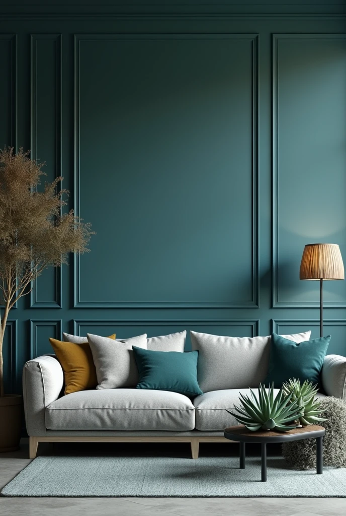 Living room painted in shades of grey, blue and black turquoise, decorated with succulents and pear puff