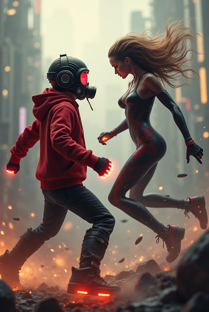 Black widow, realistic, big breasts, full body & Youg boy with red hoodie, headphones, Star-lord helmet, rocket boots, gas helmet, covered mouth, round red, eyes, front cover, ??? Star-lord with red hoodie, star-lord helmet, gas helmet, covered mouth, round red eyes, Red eyes, magic rings in the hands and rocket boots, Fighting, power, fiction, 2 persons, magic lasso, hight, fall, DJ, view of the city from above, flying in the sky, capa roja, fire under shoes, Space, Smoke, World, Dragon, punch