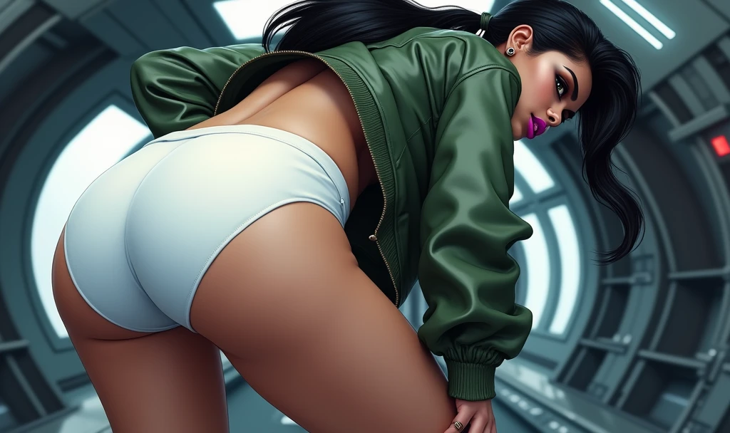 (masterpiece, best quality)), ((((perfect anatomy)))), Indian woman with black ponytail, dark eye-shadow, dark brown eyes, green aviator jacket bending over, (((white fullback panties))), big booty, magenta lipstick, spaceship interior, pulling down pants, changing, (((comic book art style)))