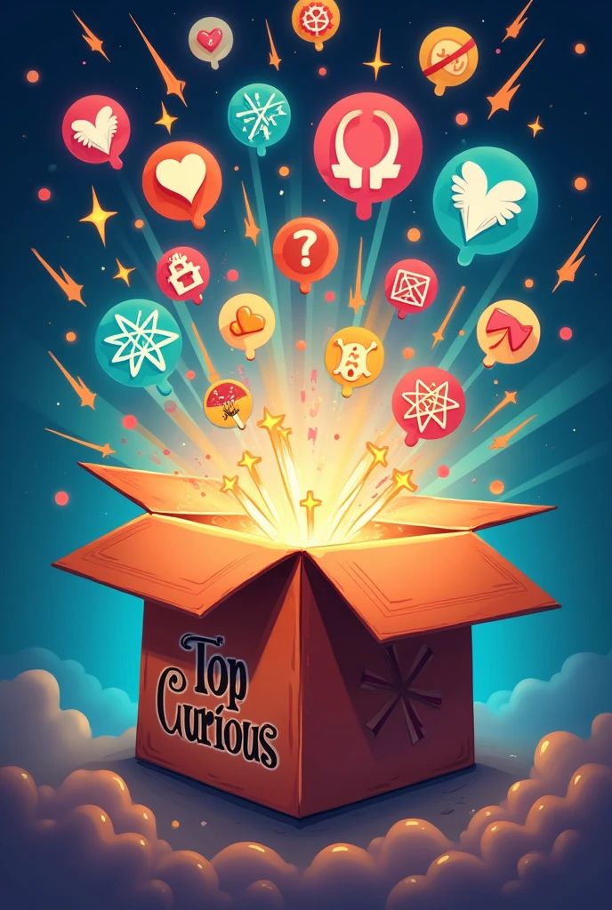 a Surprise Box logo: An open box with several icons or symbols coming out of it (like a magic trick), representing the surprises that the channel offers. "Top Curious" can be printed on the side of the box, in a fun and attractive font.
