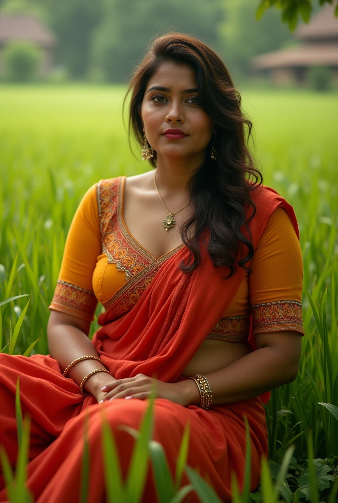 A India' desi hot village bhabhi in blouse and panty sitting in a field way