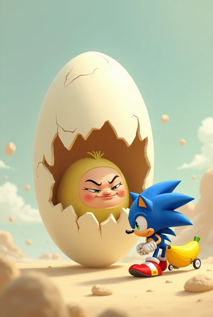 A man who resembles Pou, inside an eggshell with only his head sticking out, mocking Sonic for not having his own banana plane