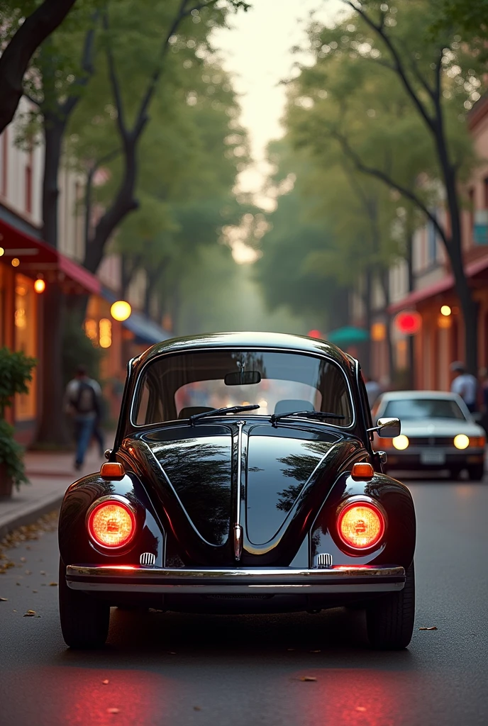 Create 1 image with a beautiful street background of a black 1980 Beetle with two red headlights