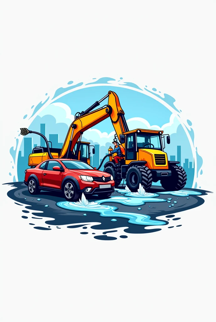 Truck and excavator car wash logo with a truck and an excavator and a guy with a hose spraying water