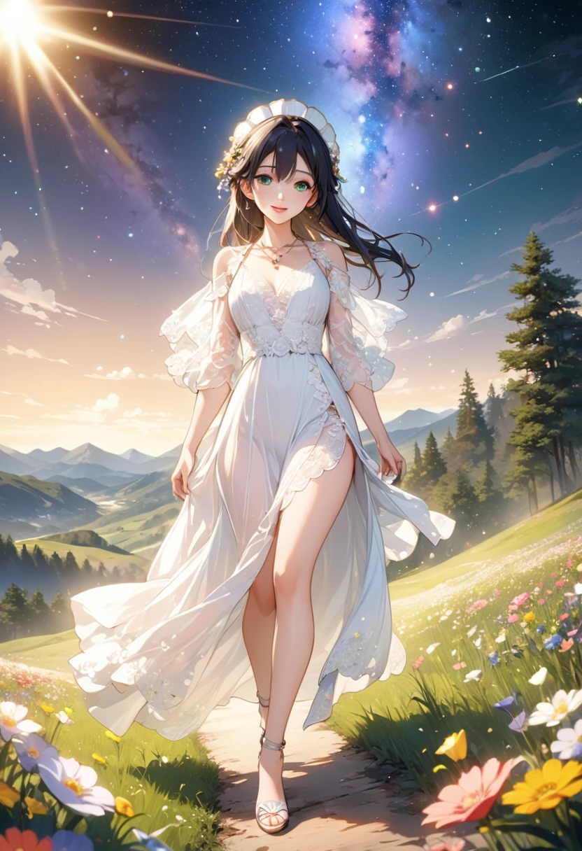 (masterpiece、Highest quality、8k、High resolution)、1 female、Beautiful eyes with slit length、Cute lips、Beautiful Nose、Brownish black hair、smile、(Best anime girl)、Green grassland with forest view、Walking,Colorful flowers blooming in the field,A bright night with the stars clearly visible、milky way、Mysterious light particles from the whole body、Colorful light particles、A mysterious light shining around your head、melt、jewelry、necklace、White lace dress、(Beautiful full body style)、Highly detailed anime art、A complete portrayal、