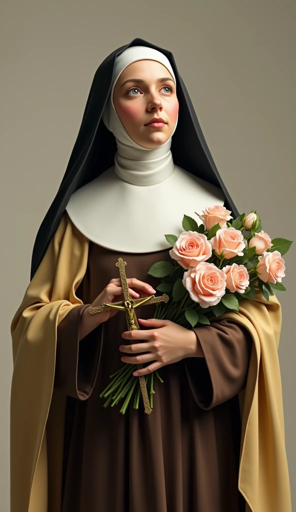 Generates an image of Saint Therese, dressed in a brown habit, black veil,  a light yellow cloak over the habit, a religious nun, holding a bouquet of roses and a crucifix. she is portrayed with a contemplative expression, reflecting his deep spirituality and communion with God, she has on average 24